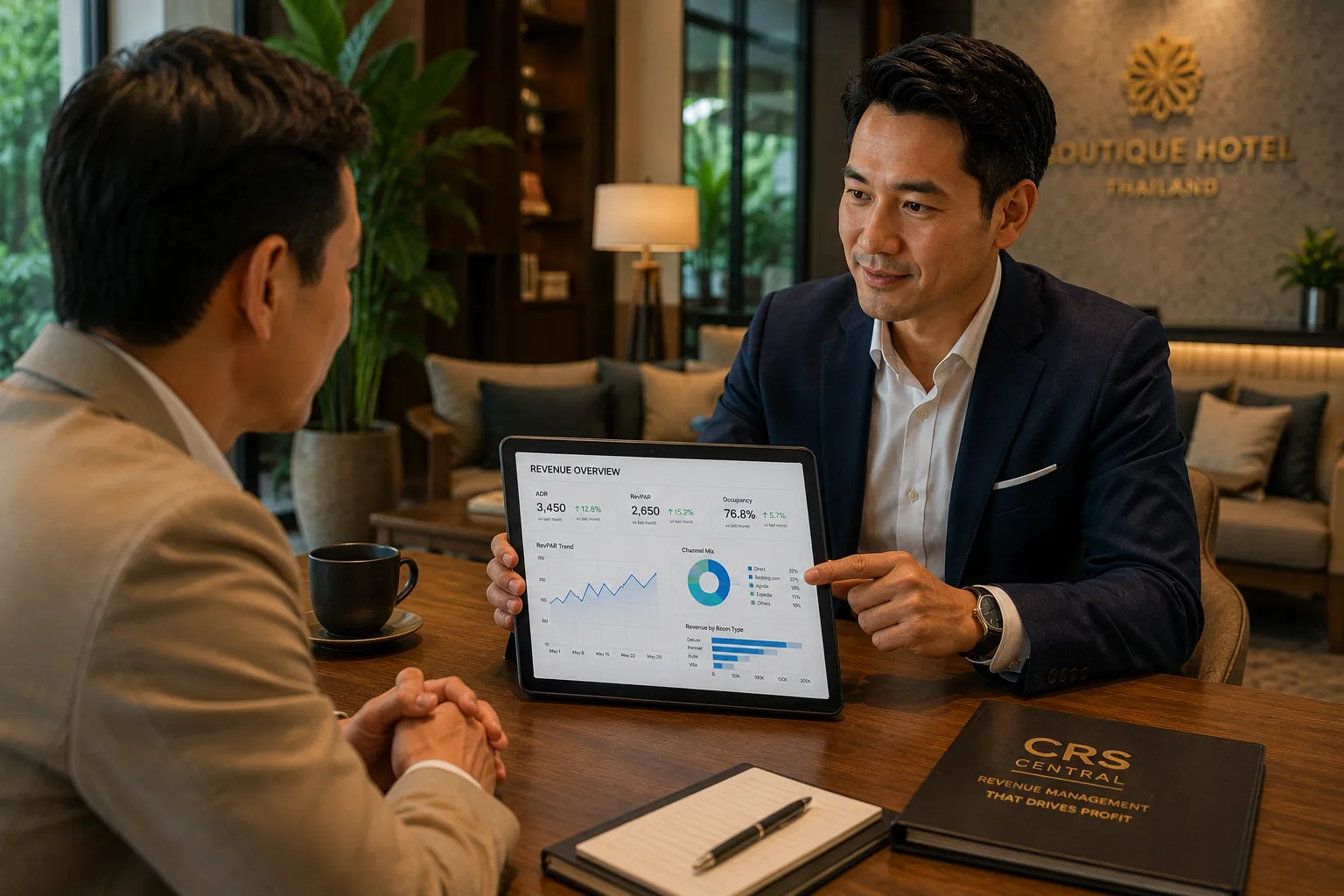 A confident hotel manager looking at revenue data on a laptop