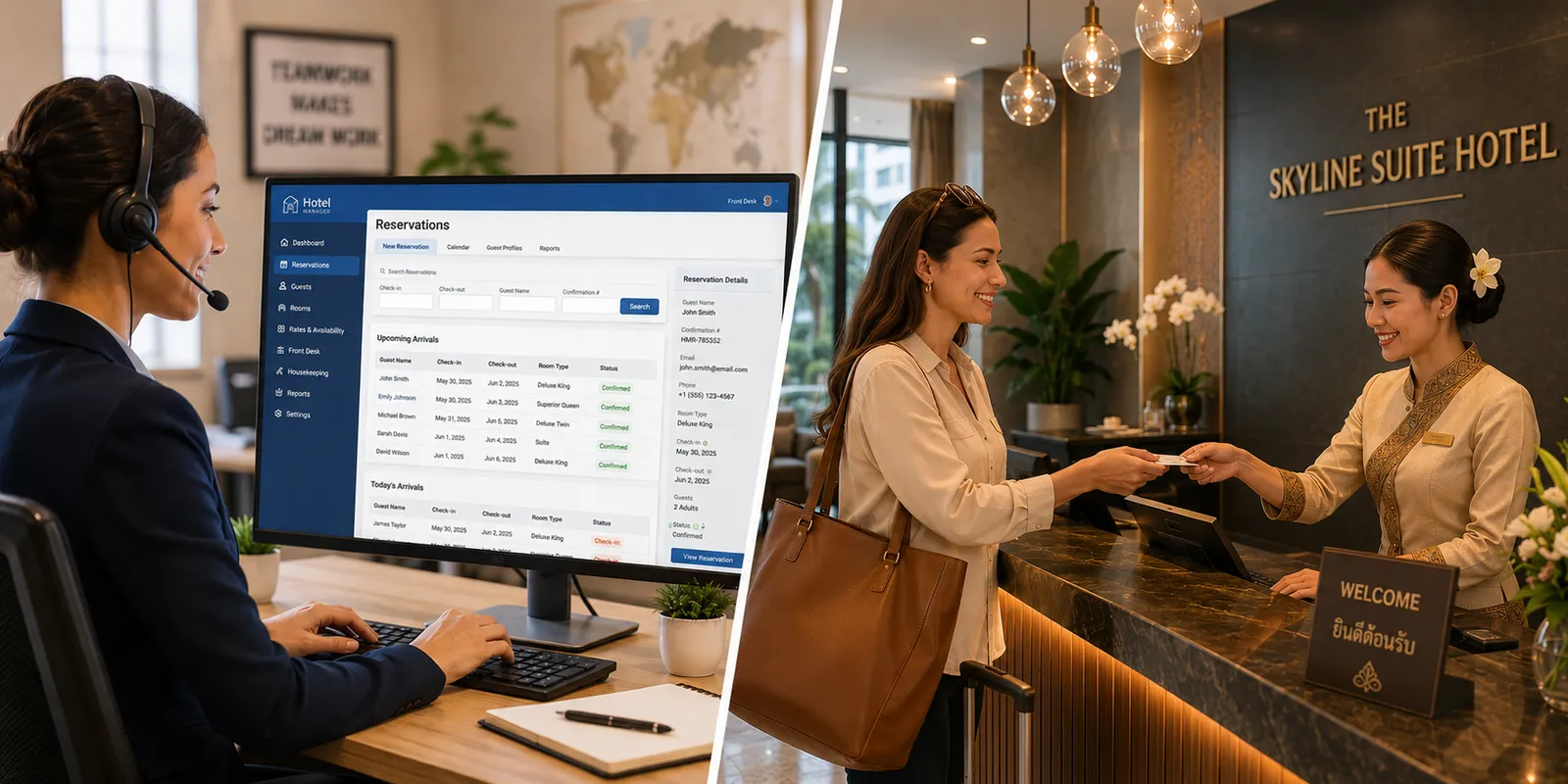 Reservations agent at computer and guest check-in desk